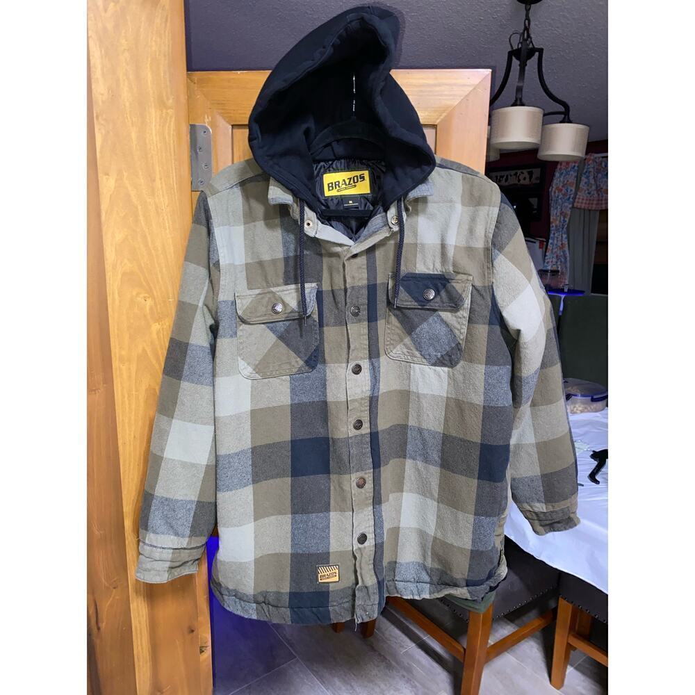 Brazos  Hooded Jacket Mens Sz M  Plaid‎ Snap Front Hoodie Performance Work Wear.